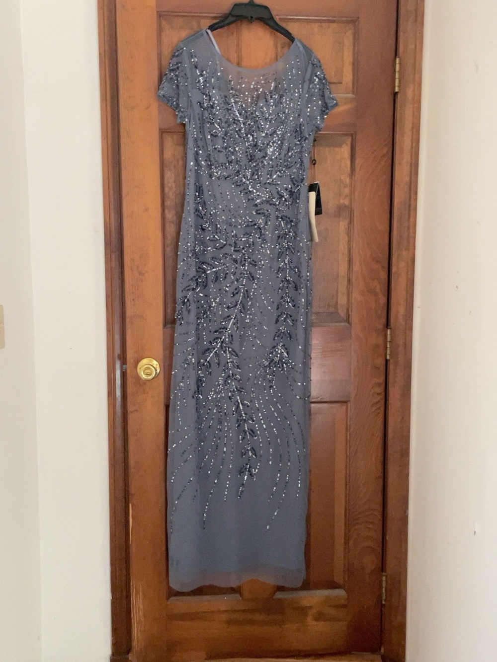 Adrianna Papell Slate-Blue Beaded Evening Maxi Dress